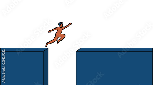 Konstfotografi Person mid-air jumping across large gap, showing determination and reaching goal