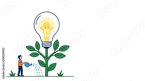 Man watering a light bulb plant symbolizing idea growth and development