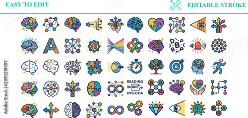 Schilderij op canvas Collection of flat icons related to brain, cognition, learning, and education th