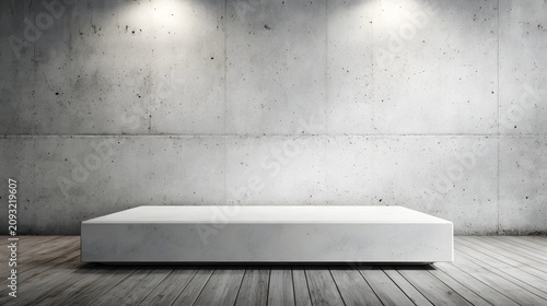 White concrete block podium on wooden floor against a textured cement wall with spotlights. Studio backdrop.