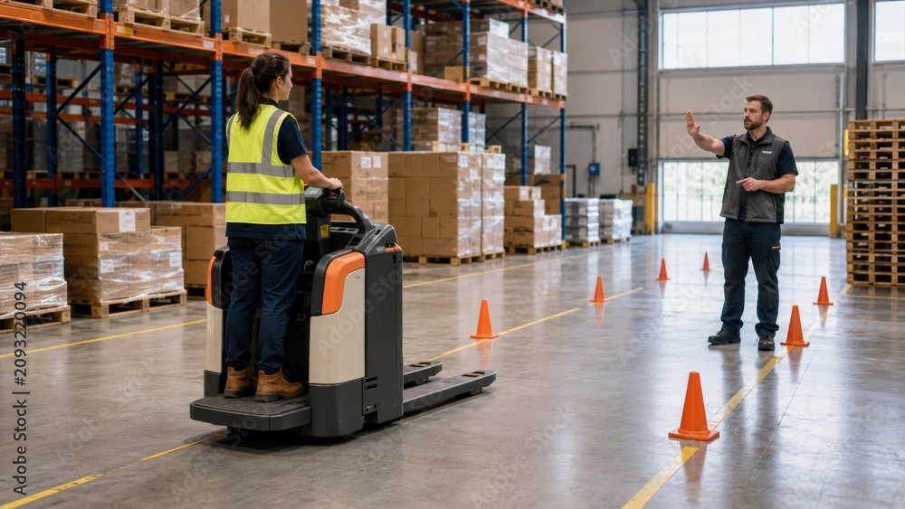 Fototapeta premium Forklift Operator Safety Training in Industrial Warehouse with Instructor and Trainees