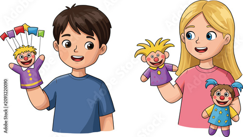 Canvastavla Children holding colorful hand puppets, creative playtime illustration, imaginat