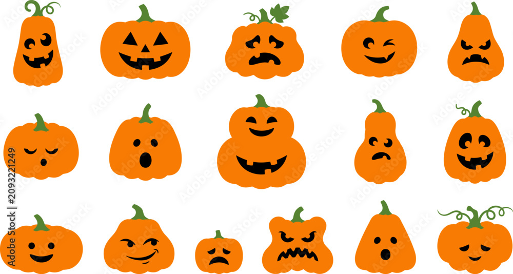Obraz premium Collection of halloween jack o lantern pumpkin characters with various funny and spooky facial expressions isolated on transparent background for festive seasonal graphic design.