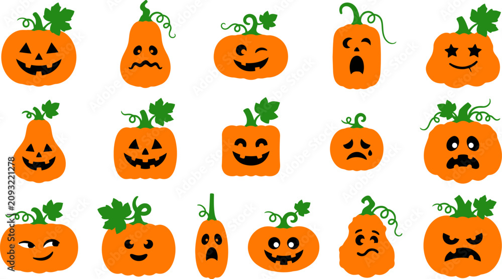 Fototapeta premium Various halloween pumpkin jack o'lantern faces in different expressions vector illustration set for festive autumn holiday designs.