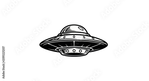 Retro Flying Saucer UFO Vector Illustration in Black and White