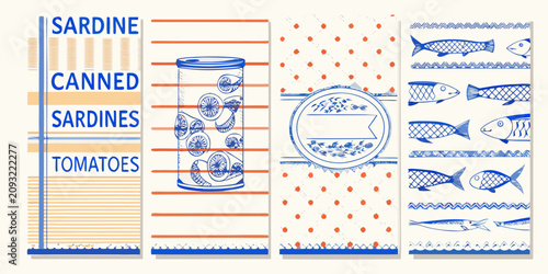 Quadro su tela sardine can and seafood illustrations retro vector style illustration fish tomat
