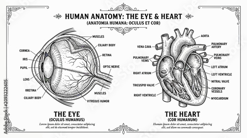Fotografía Human Anatomy: Eye and Heart Diagram, Vintage Medical Illustration