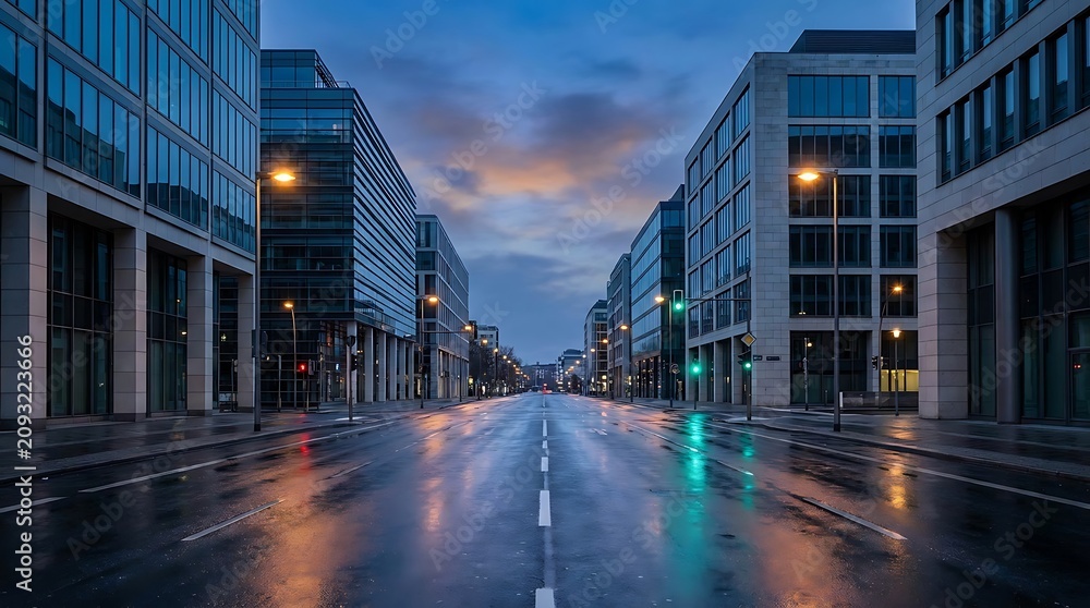 Fototapeta premium An empty city street at twilight captured at 35 mph showing wet pavement reflections and modern office buildings under a moody and dramatic evening sky