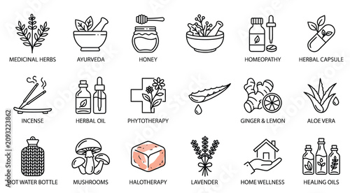 Canvastavla Natural Medicine and Wellness Line Icons Set for Herbal, Ayurveda, and Home Rem