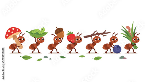 Ants Carrying Food Vector Illustration Flat Cartoon Character