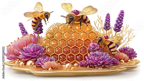 Beautiful bees gathering honey from purple flowers high-resolution picture