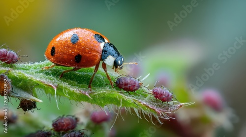 Ladybug preying on aphids in a garden is a natural form of pest control occurring in a vibrant green setting