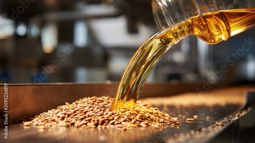 Pouring refined edible oil over dried seeds in a modern food processing area during the day