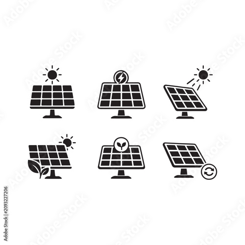 Renewable Energy Solar Panel Icons Set   Black Solid Solar Power, Green Energy and Clean Electricity Vector Collection