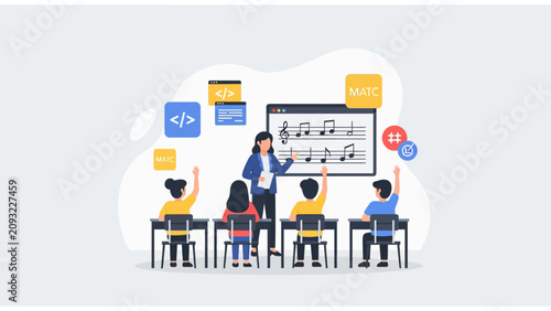 Modern Classroom Illustration of teacher explaining music theory and coding to students with floating digital icons ideal for EdTech websites and online learning platforms.