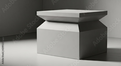 Modern white geometric pedestal stand for product display.