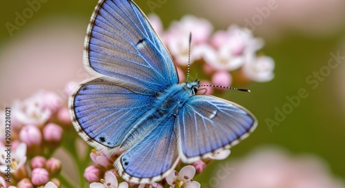 Small blue butterfly on pink flower petals macro view.