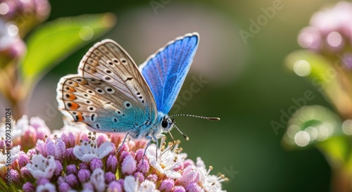Small blue butterfly on pink flower buds macro.