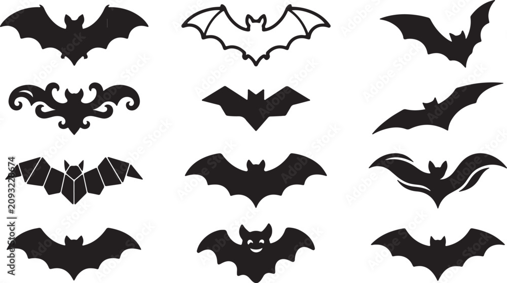 Fototapeta premium Flying Bat Silhouette Bundle Black Bat Vector Icons for Halloween Design, Halloween Bat Silhouette Set Vector Collection Isolated on White Background, Black Bat Silhouette Collection Halloween Flying 