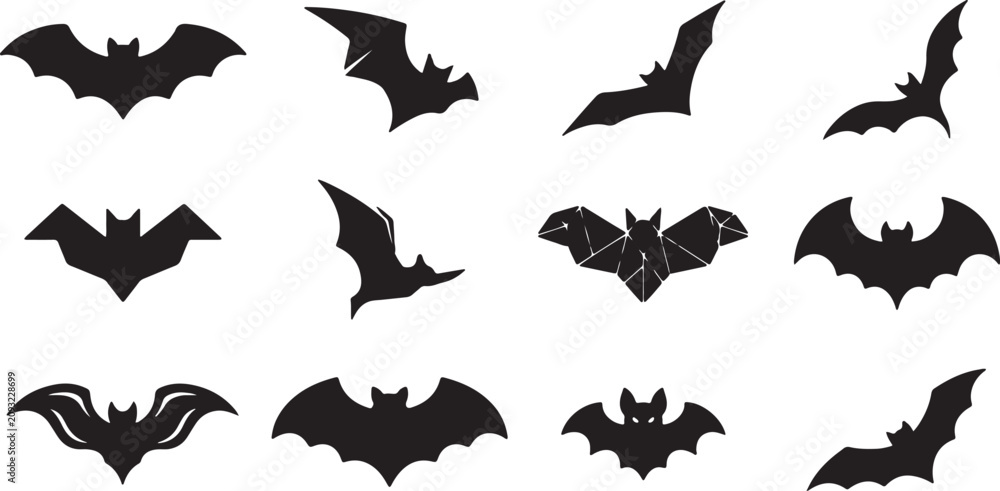 Fototapeta premium Flying Bat Silhouette Bundle Black Bat Vector Icons for Halloween Design, Halloween Bat Silhouette Set Vector Collection Isolated on White Background, Black Bat Silhouette Collection Halloween Flying 