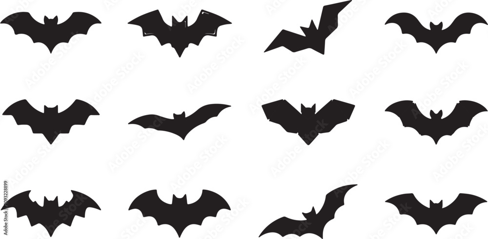 Fototapeta premium Flying Bat Silhouette Bundle Black Bat Vector Icons for Halloween Design, Halloween Bat Silhouette Set Vector Collection Isolated on White Background, Black Bat Silhouette Collection Halloween Flying 