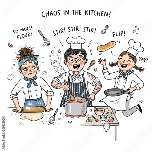 Принти на полотні Energetic kitchen chaos scene with diverse chefs preparing food and rolling dough together