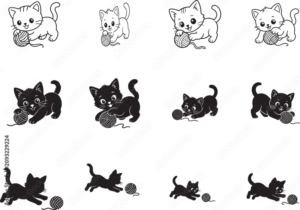 Obraz premium Cat playing yarn icon set with kitten, toy ball and cute pet symbols in editable vector illustration style.