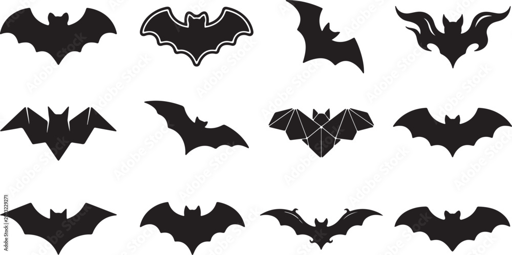 Fototapeta premium Flying Bat Silhouette Bundle Black Bat Vector Icons for Halloween Design, Halloween Bat Silhouette Set Vector Collection Isolated on White Background, Black Bat Silhouette Collection Halloween Flying 