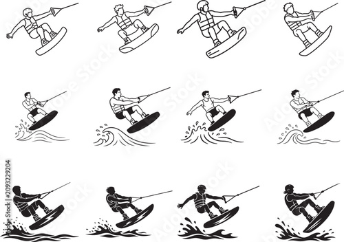 Water sports action poses vector set with extreme aquatic activities, dynamic athletes and adventure icons.