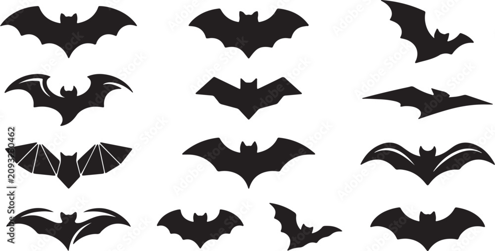 Fototapeta premium Flying Bat Silhouette Bundle Black Bat Vector Icons for Halloween Design, Halloween Bat Silhouette Set Vector Collection Isolated on White Background, Black Bat Silhouette Collection Halloween Flying 