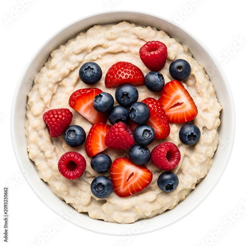 Oatmeal porridge bowl with berries breakfast as transparent cutout