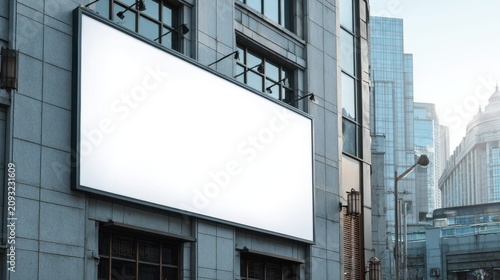 Mockup of blank signboard hanging on building wall in urban area suitable for advertising and promotions during daylight