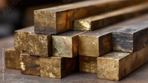 Neatly stacked collection of square metal bars showing texture and different colors in a workshop setting during daylight