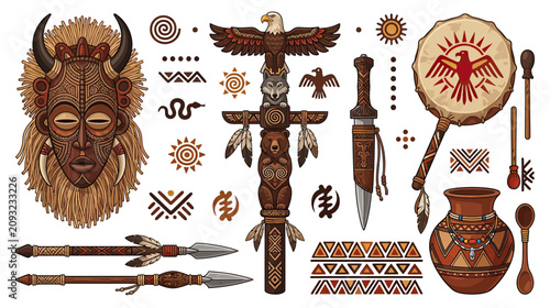 Tableau sur toile Native American Tribal Symbols, Totem Pole, Mask, Drum, Artifacts
