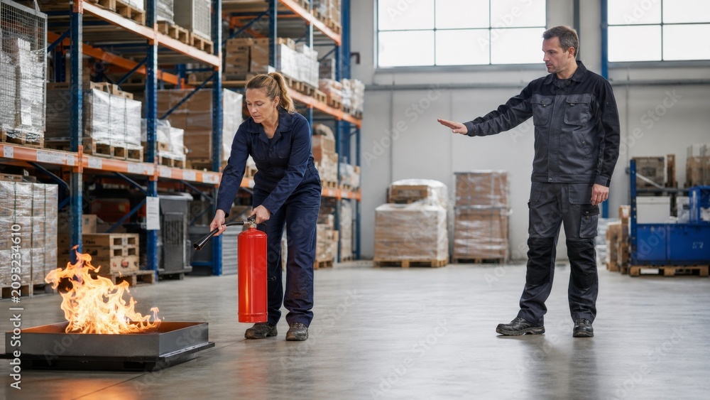 Obraz premium Fire Extinguisher Training for Industrial Workers, Workplace Fire Safety Practice and Emergency Response
