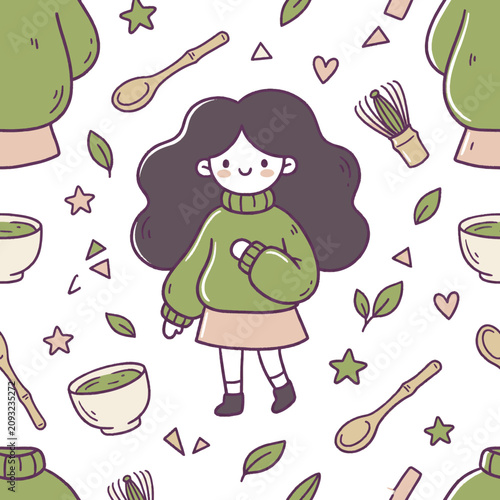 Cute Girl Cooking Scene with Kitchen Utensils and Nature Elements Whimsical Food Illustration