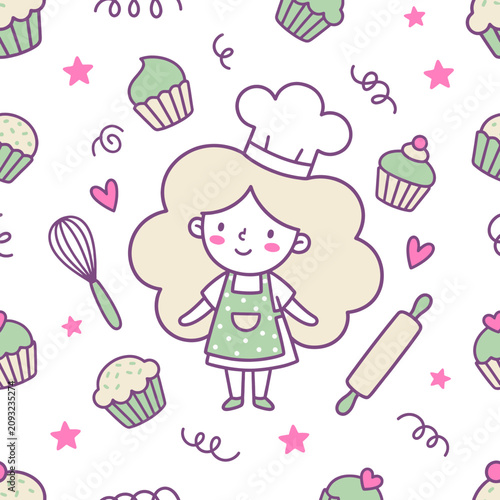 Cute Girl Baker Pattern Illustration with Cupcakes and Rolling Pins Pastel Kitchen Design