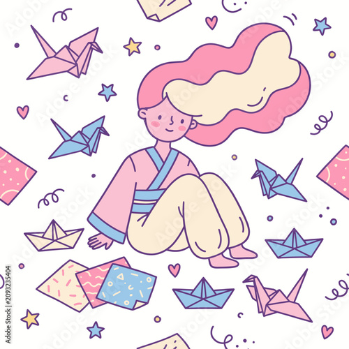 Cute girl sitting surrounded by origami paper boats and stars a whimsical summer pattern illustration vector art design for kids background