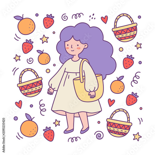 Cute girl with fruit baskets illustration colorful summer drawing vector art