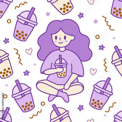 Cute girl with iced coffee pattern seamless background vector illustration pastel summer design