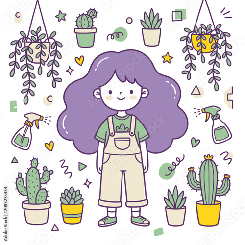 Cute girl with plants illustration drawing botanical nature style art for spring and summer aesthetic