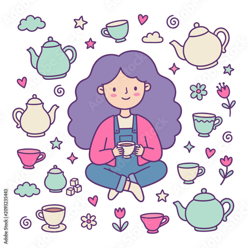 Cute girl with teapots and cups pattern illustration vector drawing cozy tea time design for nursery decor wallpaper background