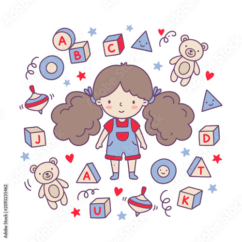 Cute girl with teddy bears and geometric shapes drawing illustration for kids art