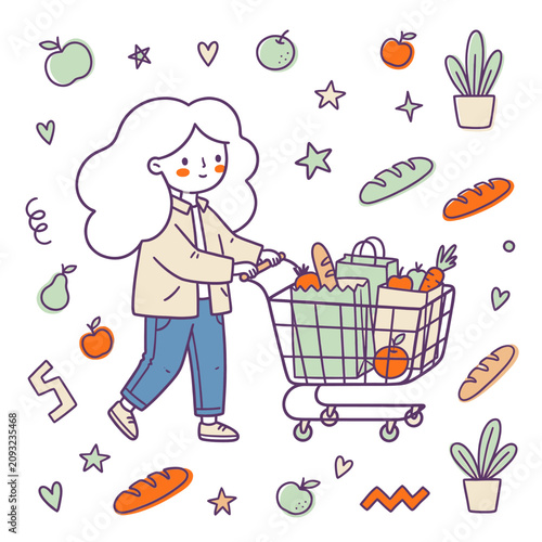 Cute illustration of a woman shopping for fresh vegetables and bread in a whimsical grocery cart drawing