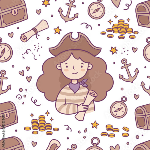 Cute Pirate Girl with Nautical Treasure Illustration Coins Anchors and Vintage Style