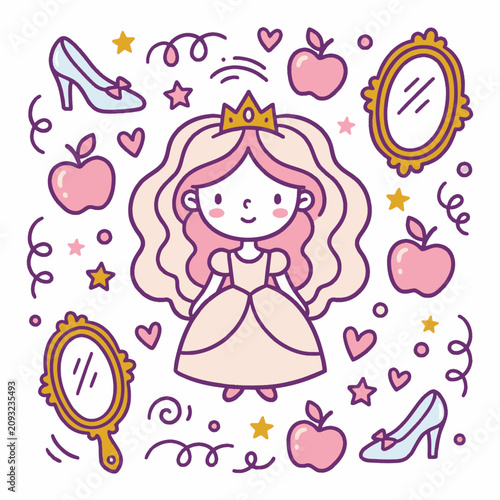 Cute Princess Girl Illustration with Crown Apples Shoes and Mirrors Fairy Tale Art Drawing