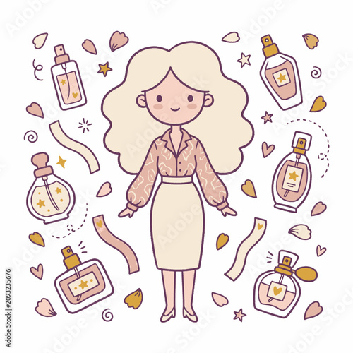 Elegant Woman surrounded by perfume bottles illustration line art fashion beauty aesthetic floral design