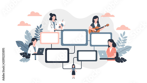 Professional Women Network flat illustration of diverse female experts connected by blank digital screens. Ideal for career development and female empowerment presentations.