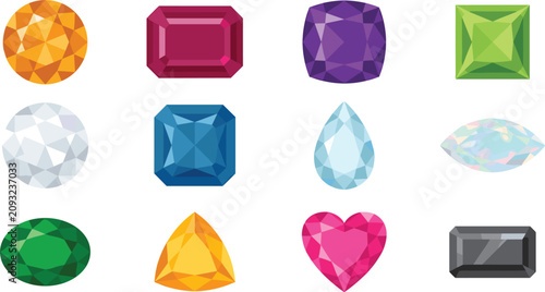 Faceted Precious Gemstone Vector Icon Set Featuring Ruby Diamond Sapphire Emerald Opal Heart and Cushion Cut Jewels for Game UI and Graphic Designs