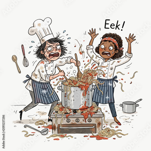 Fotografía Chefs in panic over overflowing spaghetti pot in messy kitchen disaster